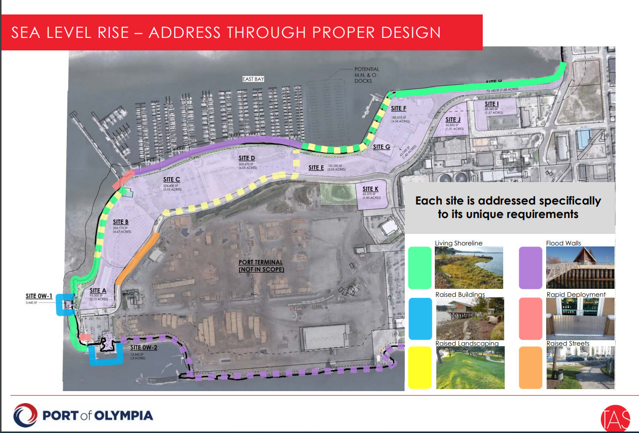Not included in development plans: The Port of Olympia's Marine Terminal.  This slide shows 12 distinct parcels in the downtown port peninsula that are being considered for development under the Port's Destination Waterfront project.